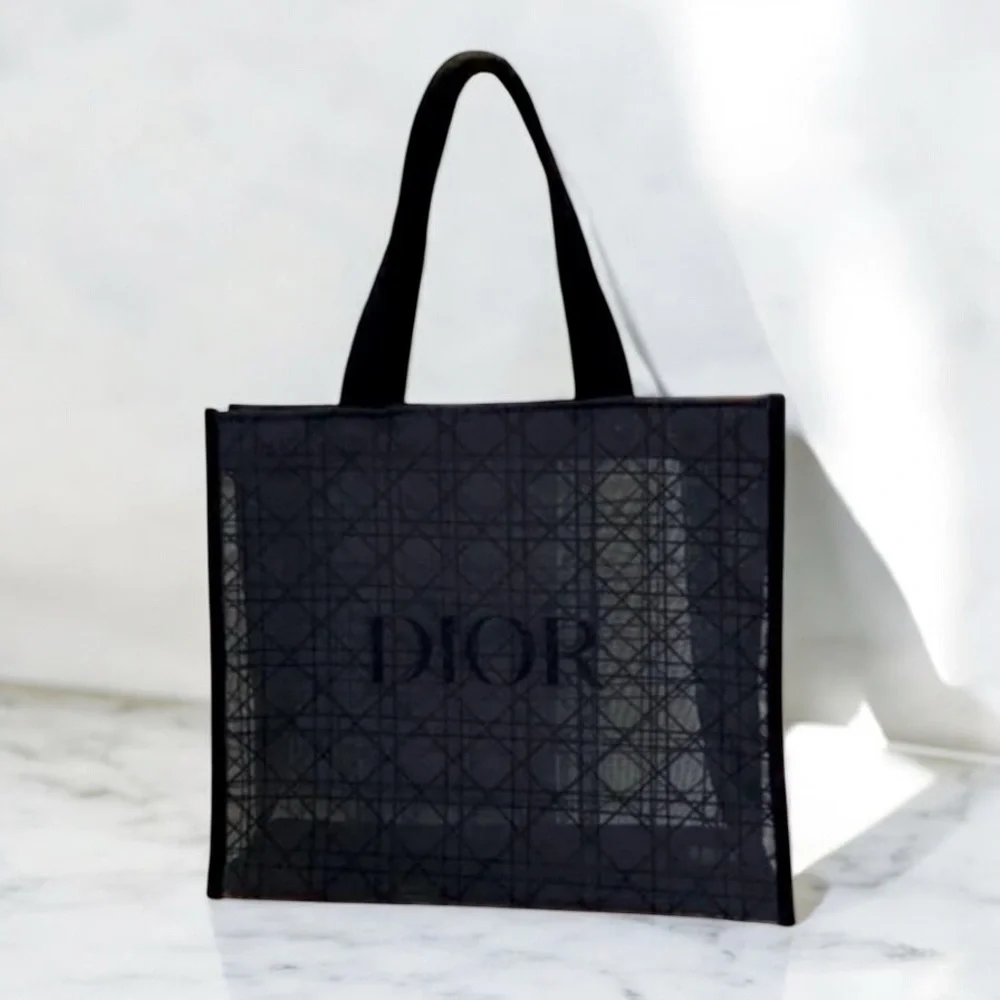 New in Bag Dior Black Double Mesh GWP Tote & Pouch Set Velour Dior & Handles - Picture 4 of 11